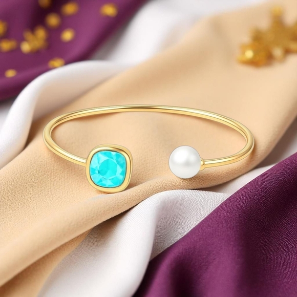 🆕️Elegant 18K Gold Plated Stainless Steel Aquamarine Pearl Cuff Bracelet Studs - Picture 13 of 13